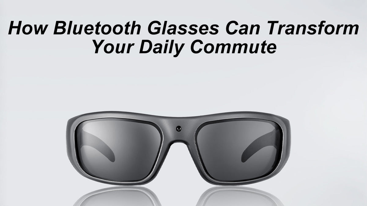 Promotional image of Bluetooth glasses with text about transforming your daily commute