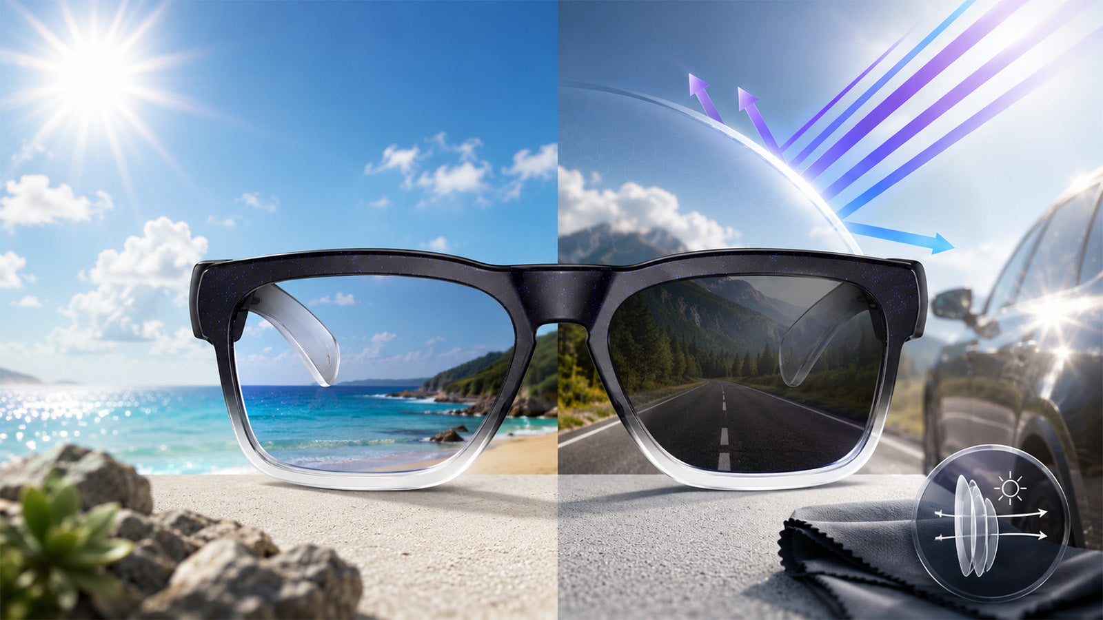 UV400 sunglasses blocking UVA and UVB rays with clear vision and full sun protection outdoors