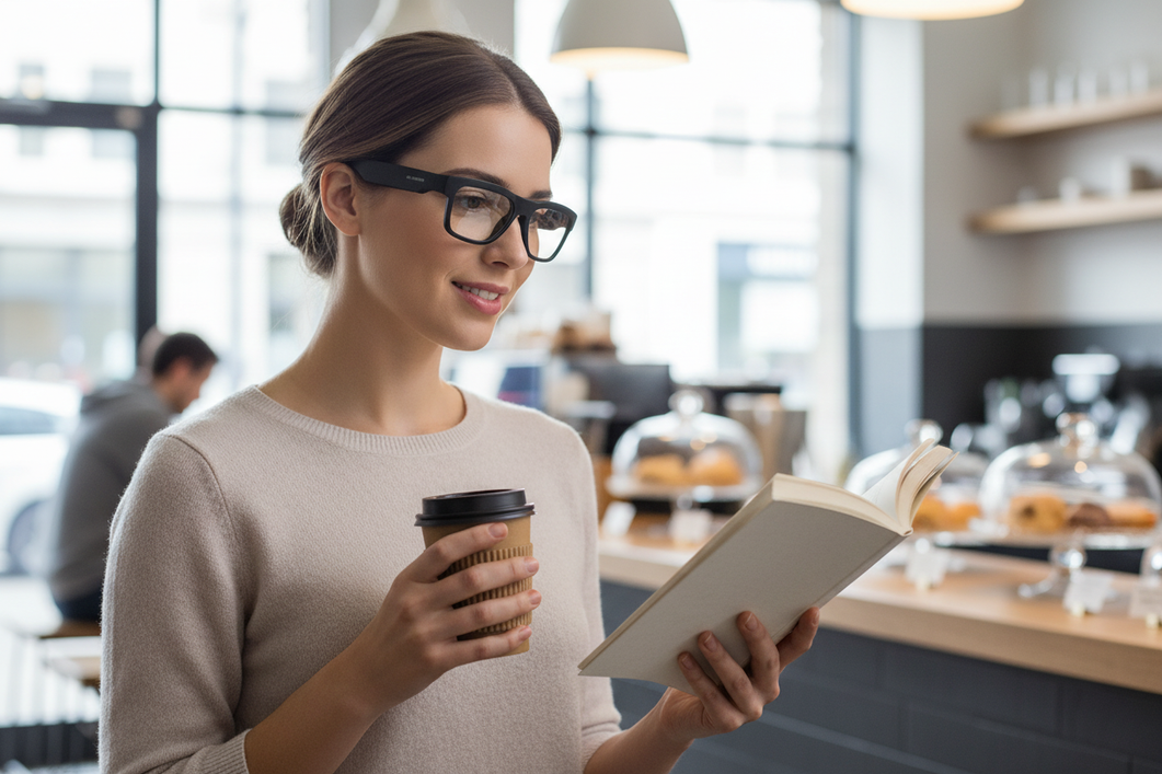 Smart glasses worn outdoors with a person preparing to use local recording features offline