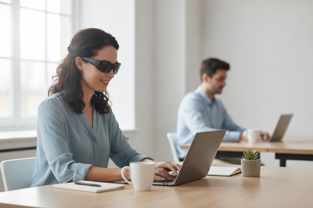 Open-ear smart glasses worn in a quiet office with a nearby coworker seated close enough to notice faint audio