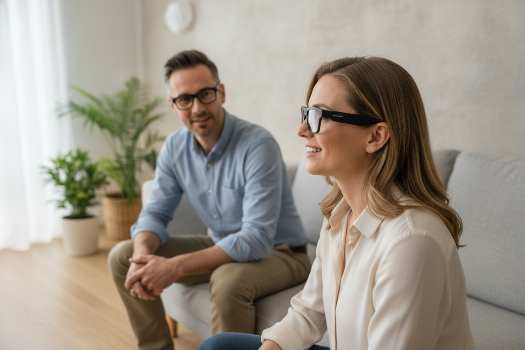 Smart glasses used for live captions in a quiet conversation setting, with readable text support for hearing assistance