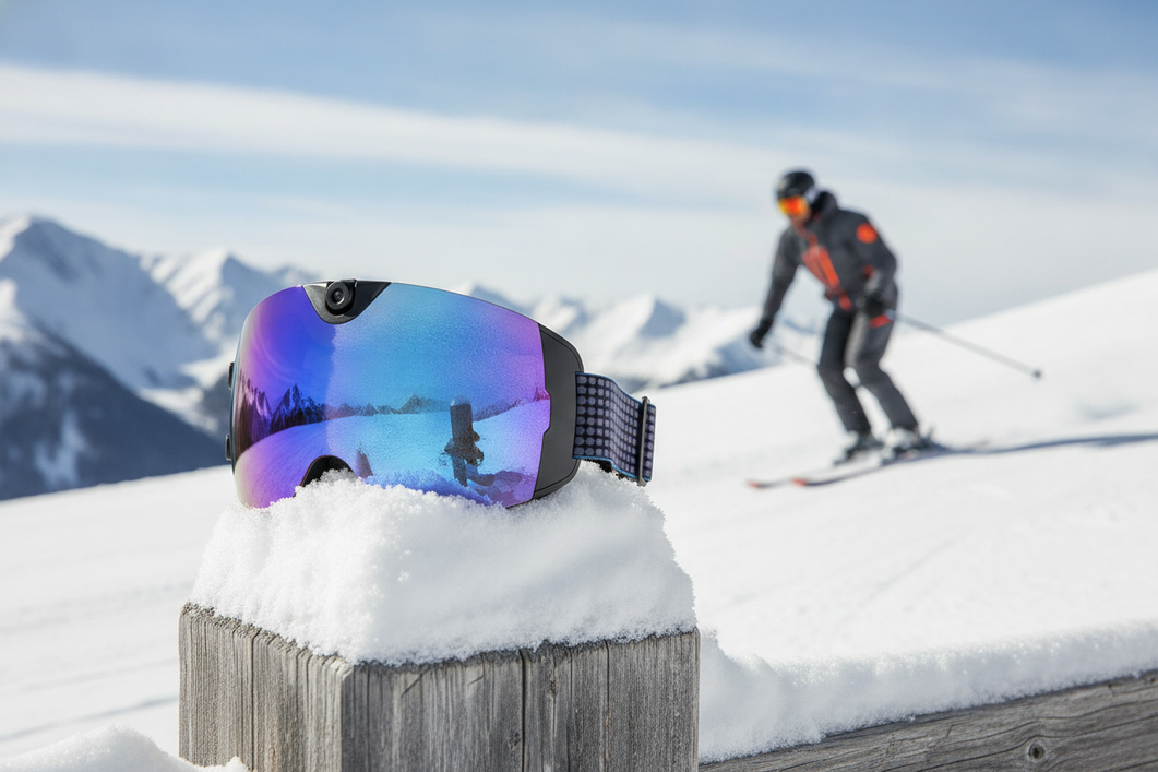 Smart ski goggles worn with a ski helmet on a snowy mountain slope