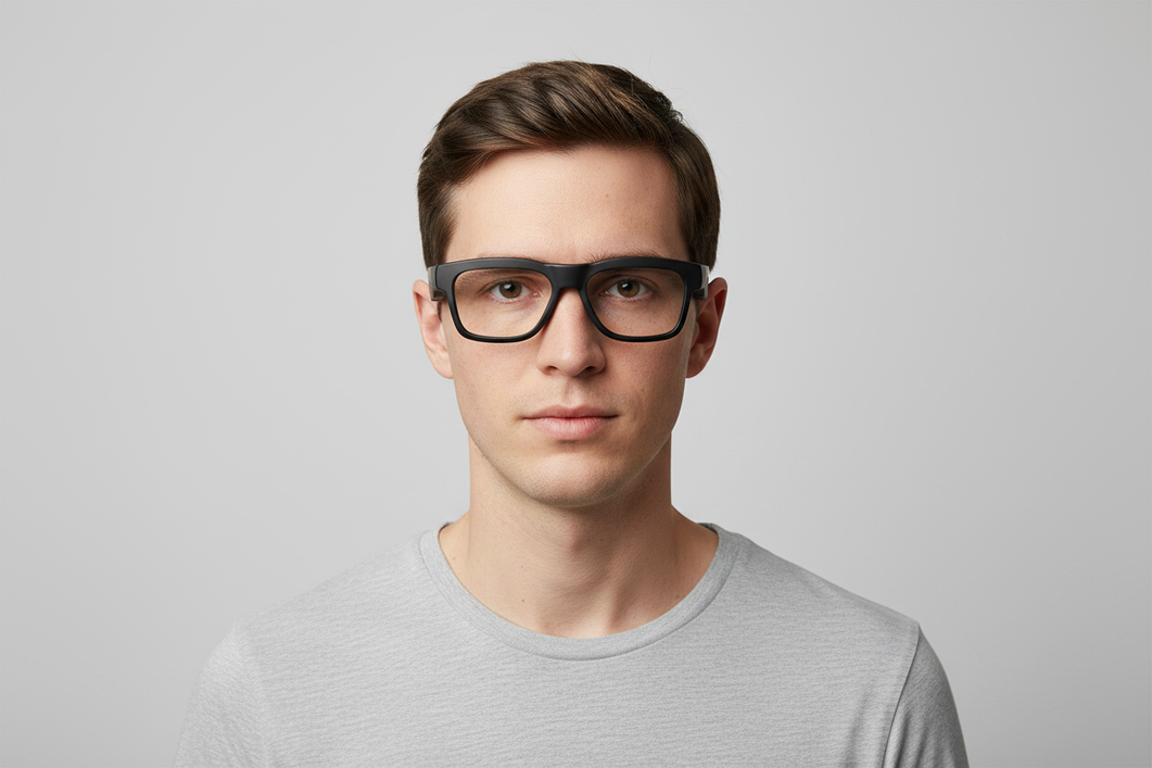 Front view fit check of smart glasses showing balanced temple contact and centred lenses