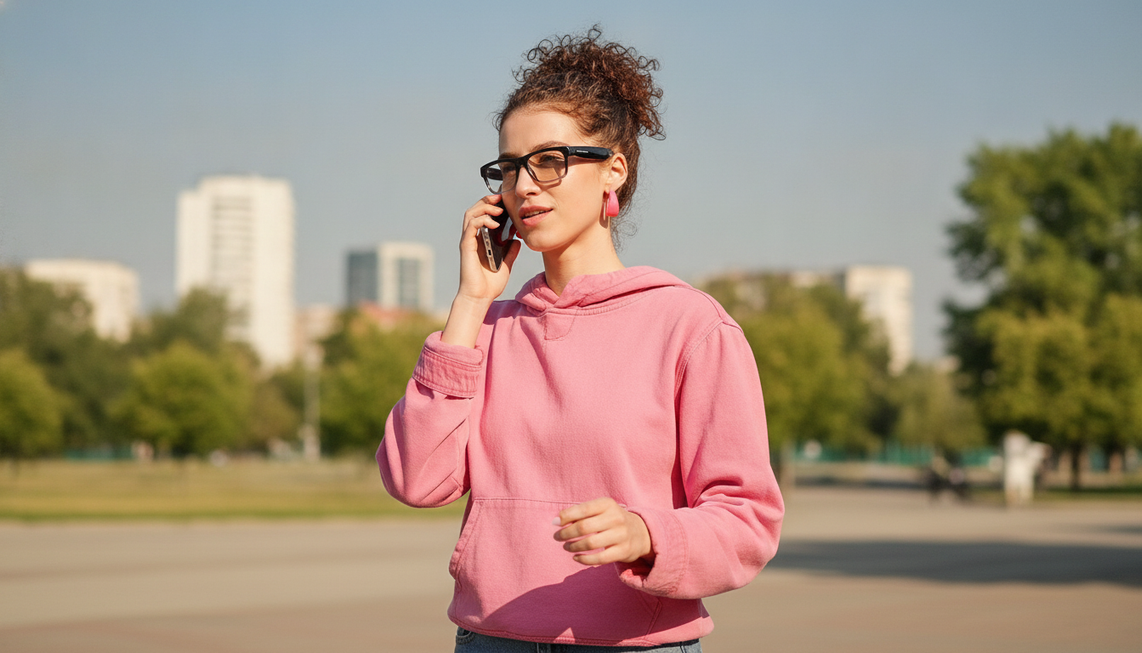 Smart glasses used for a phone call on a quiet sidewalk with light city background noise