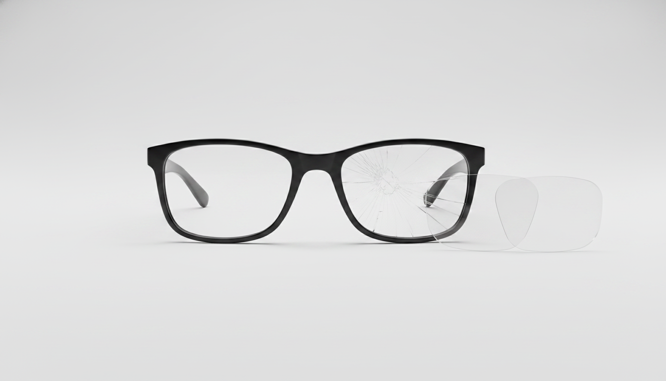 Smart glasses with a scratched lens held in front of a clean tabletop, showing a lens-only damage check for replacement.