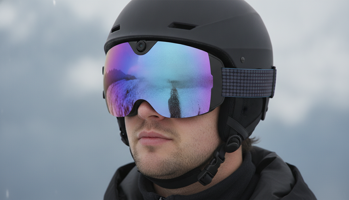 Camera ski goggles fitted with a helmet on a wide face