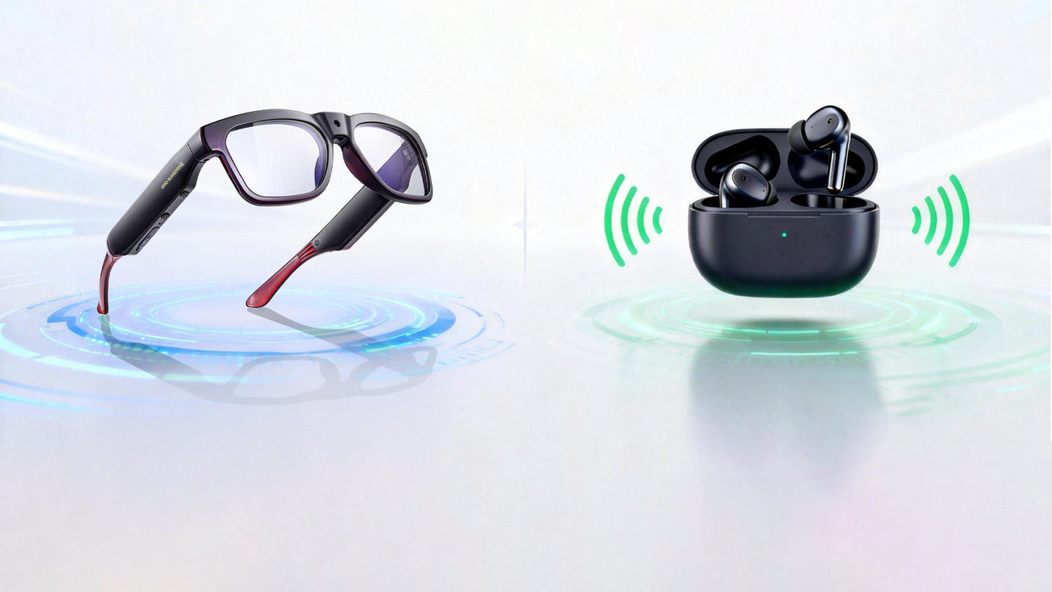 OhO Sunshine Bluetooth glasses beside wireless earbuds comparing open-ear audio options