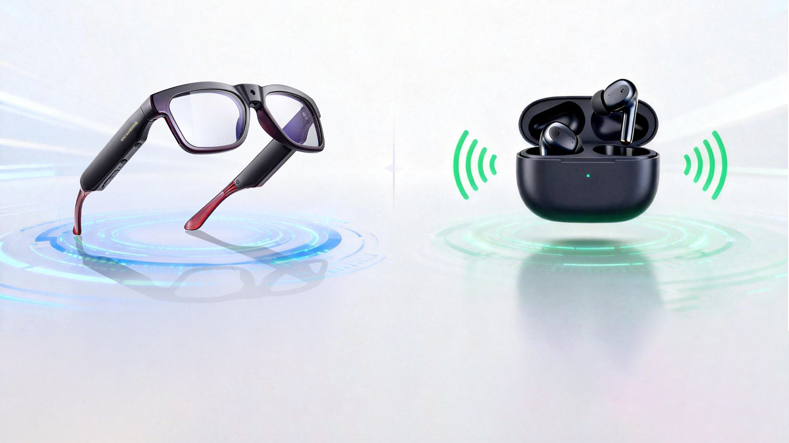 OhO Sunshine Bluetooth glasses beside wireless earbuds comparing open-ear audio options