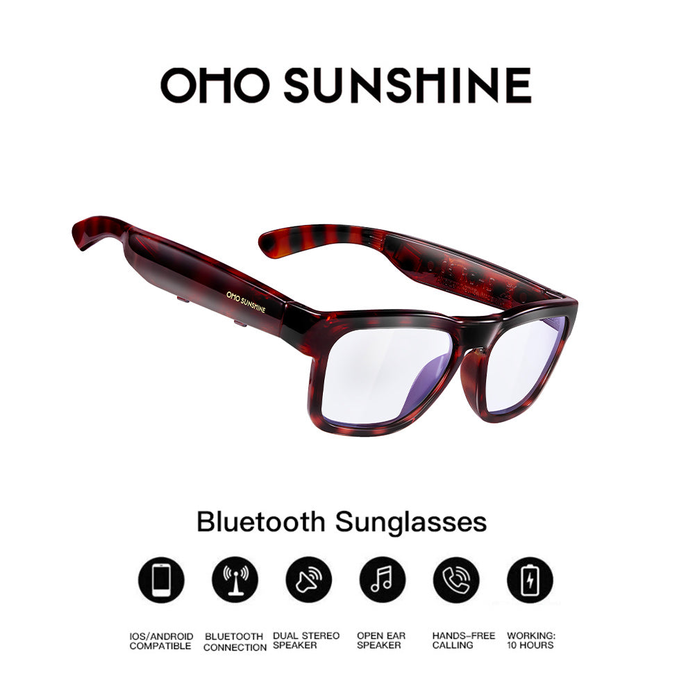 OhO Sunshine Elite Bluetooth sunglasses in a tortoiseshell frame with blue light filtering lenses