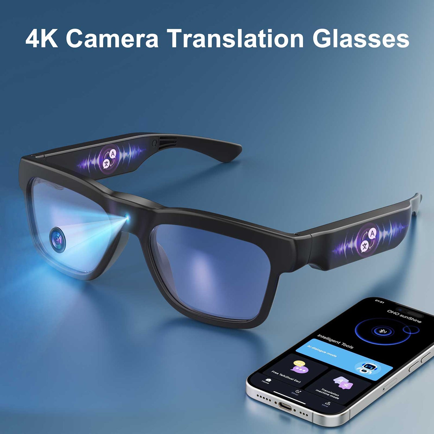 OhO Sunshine Edge Pro 4K camera translation glasses shown beside a phone running the app
