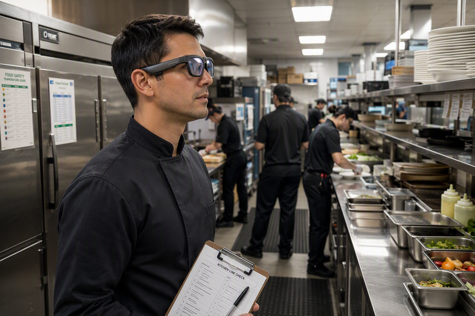 Camera-equipped smart AI glasses worn by a kitchen manager during a commercial line check