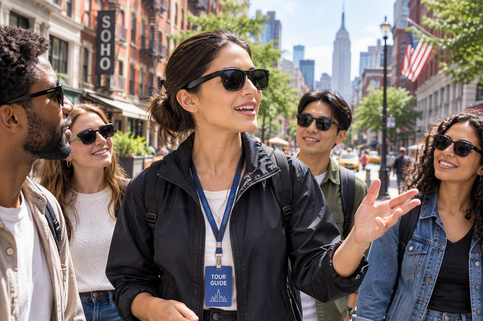 Tour guide wearing AI translation glasses leads a multilingual walking group through an American city.