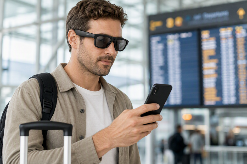 Traveler wearing smart translation glasses while checking a phone in a busy airport terminal.