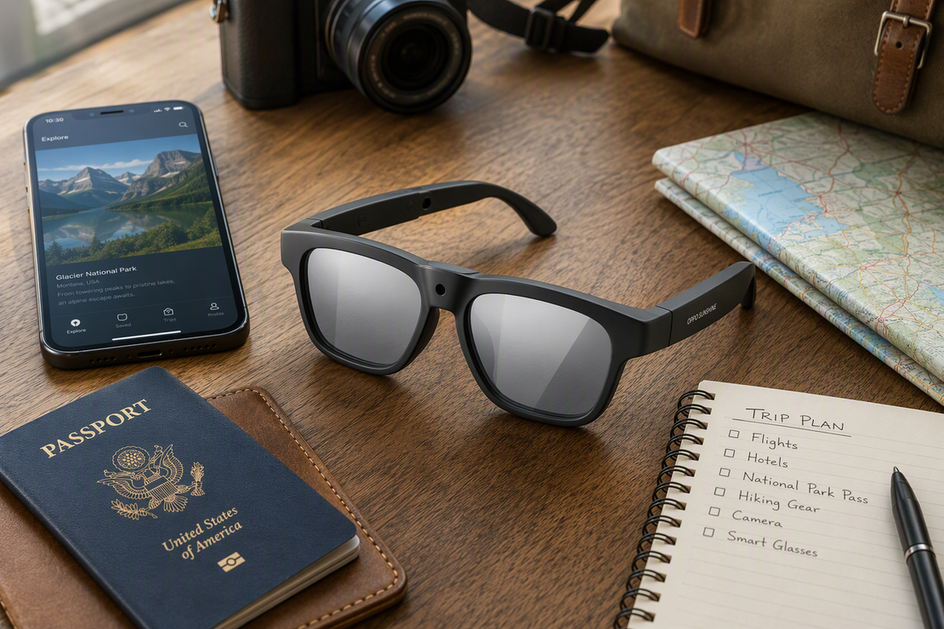 Smart translation glasses arranged with a smartphone, passport, and travel map on a desk