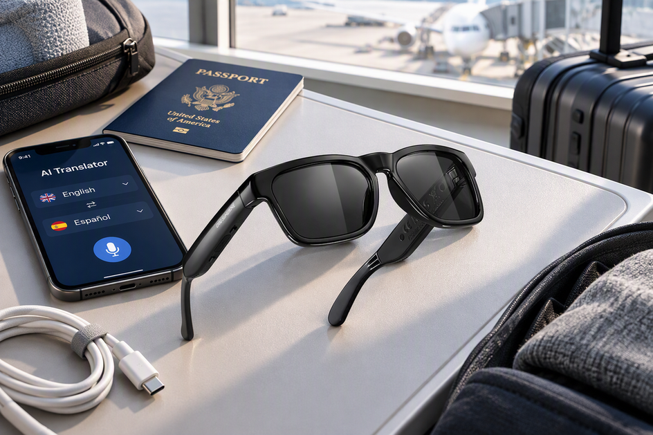 AI translation glasses arranged with a smartphone, charging cable, and travel documents on a departure-day surface.
