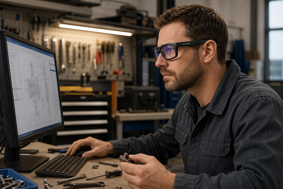 Blue-light-blocking safety glasses worn by a workshop operator working near a computer display and hand tools.