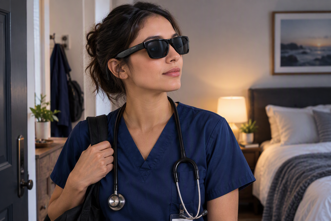 Night-shift nurse wearing smart glasses at home in early morning light before resting after work.