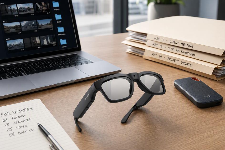 Camera glasses arranged beside a laptop, dated folders, and a portable storage drive on a work desk.