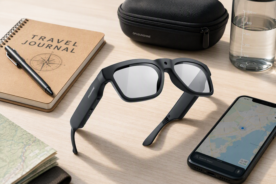 Camera glasses arranged beside a travel notebook, phone, and carry case on a bright desk.