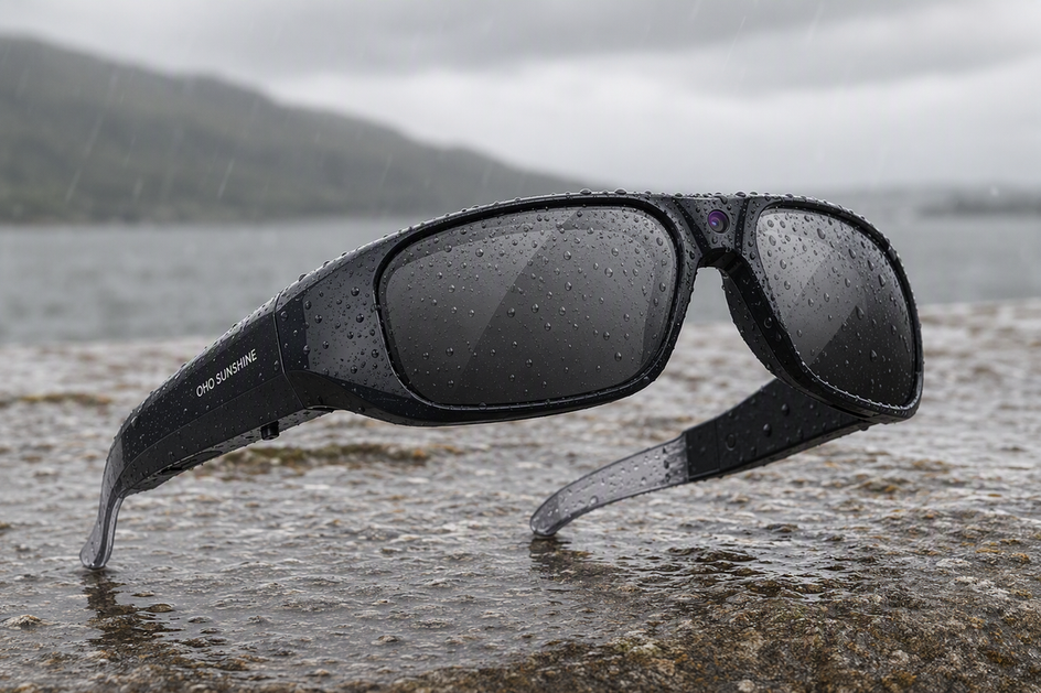 Camera glasses resting on a covered outdoor surface during light rain, with water droplets visible on the lenses and frame.