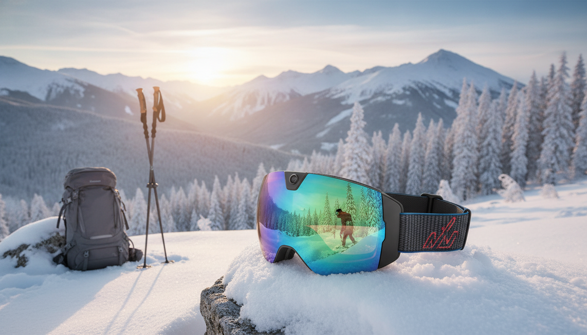 Camera ski goggles displayed as a full-day mountain recording setup on snow