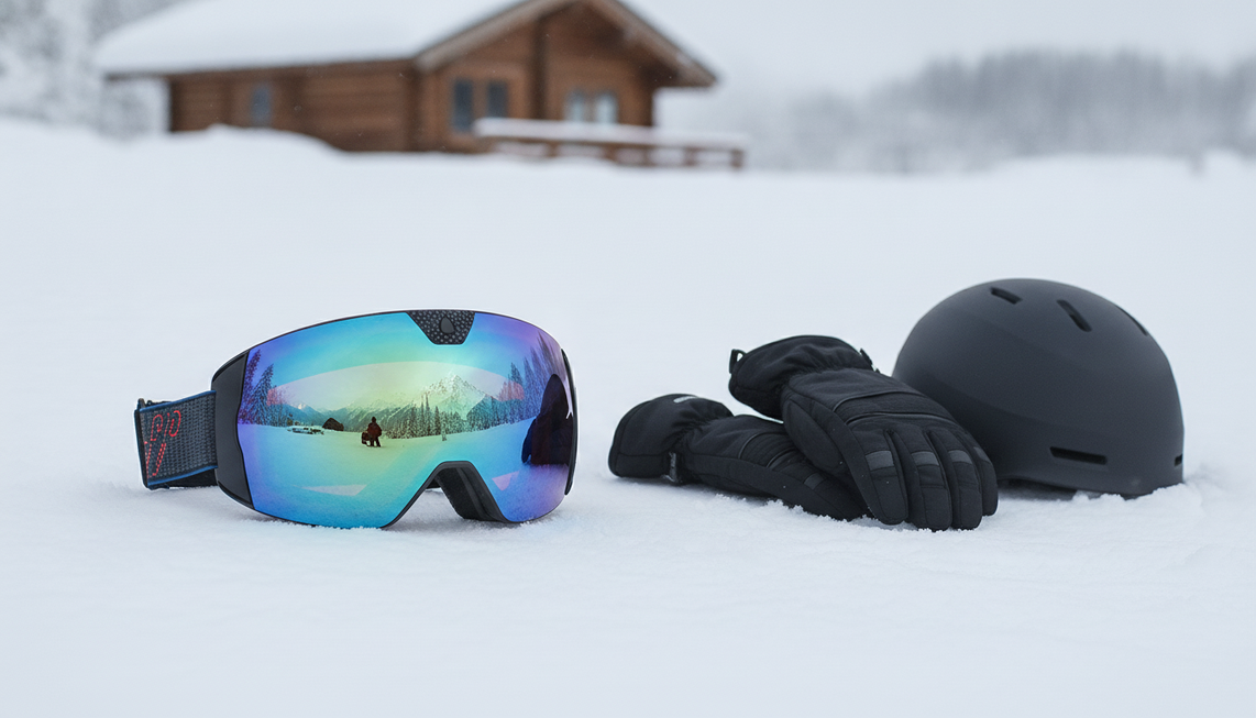 Camera ski goggles presented as a winter sports hero product scene beside a snowy slope