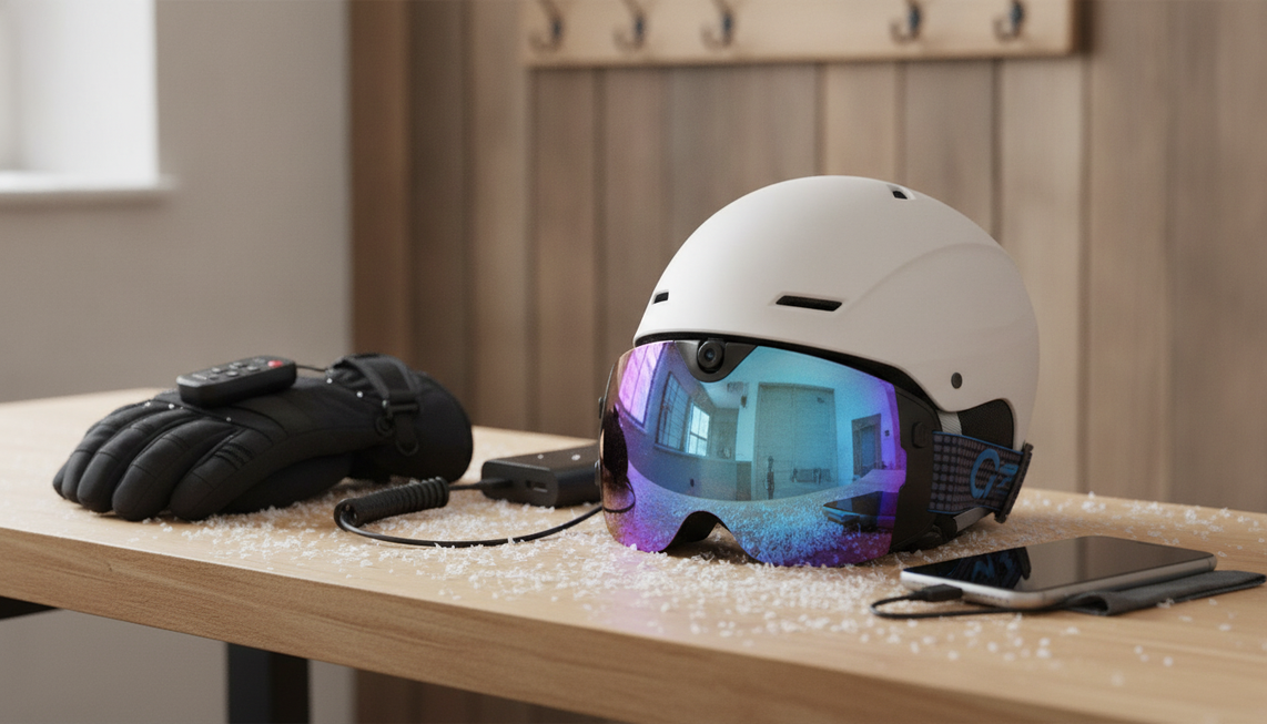 Camera ski goggles arranged with a helmet and winter gear for a pre-ski framing check