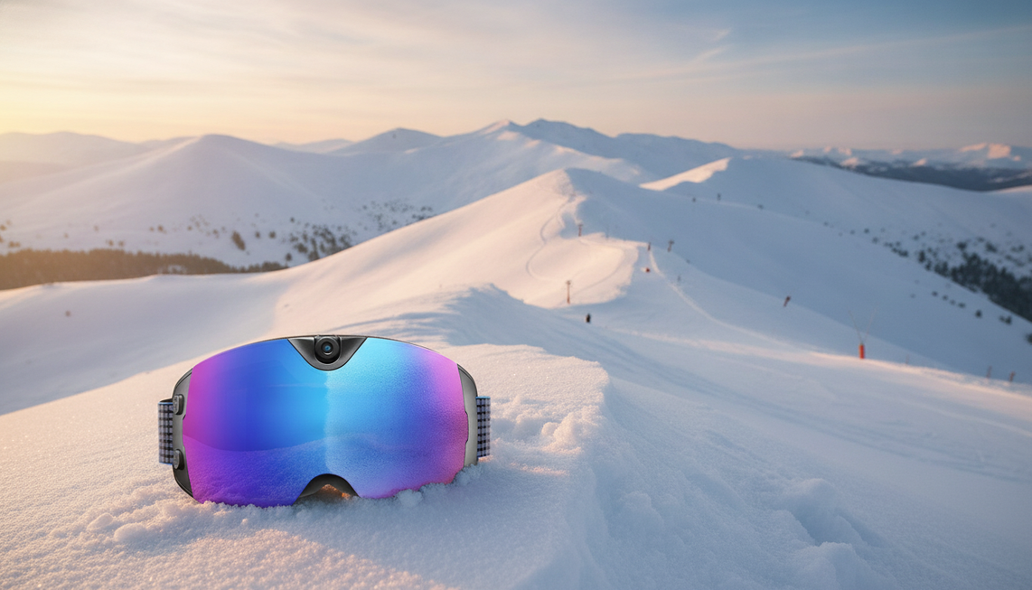 Camera ski goggles positioned as the main subject in a snowy mountain setting