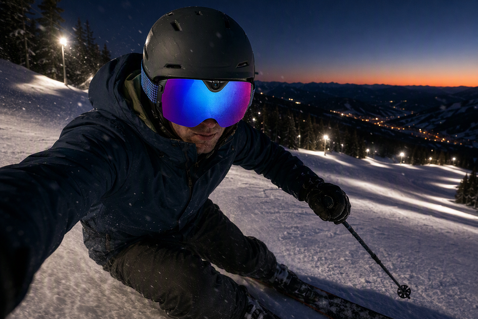 Camera ski goggles worn on a snowy slope under resort floodlights at dusk.