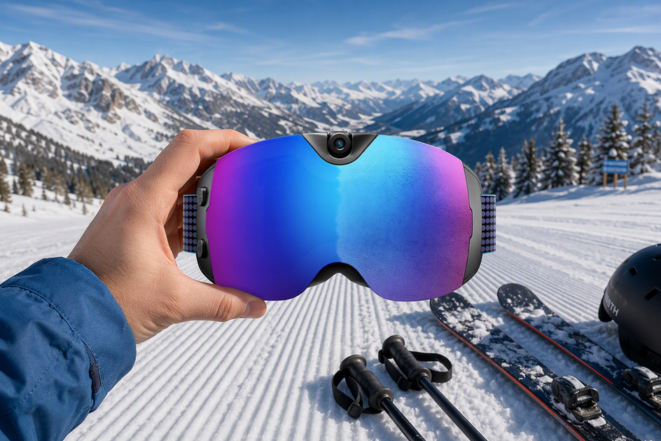 Camera ski goggles held above a snowy mountain run with a phone and gear nearby.