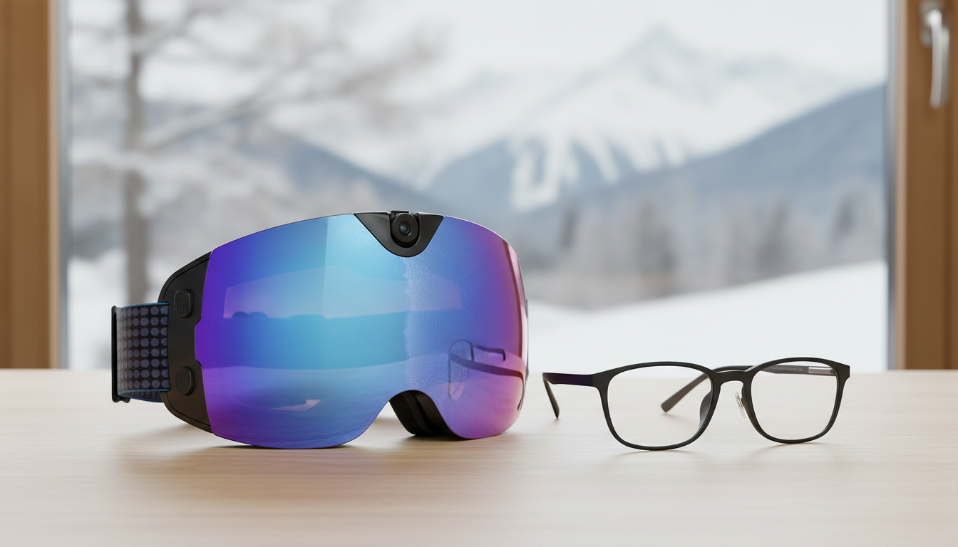 Camera ski goggles displayed as a winter-sports product hero beside prescription glasses