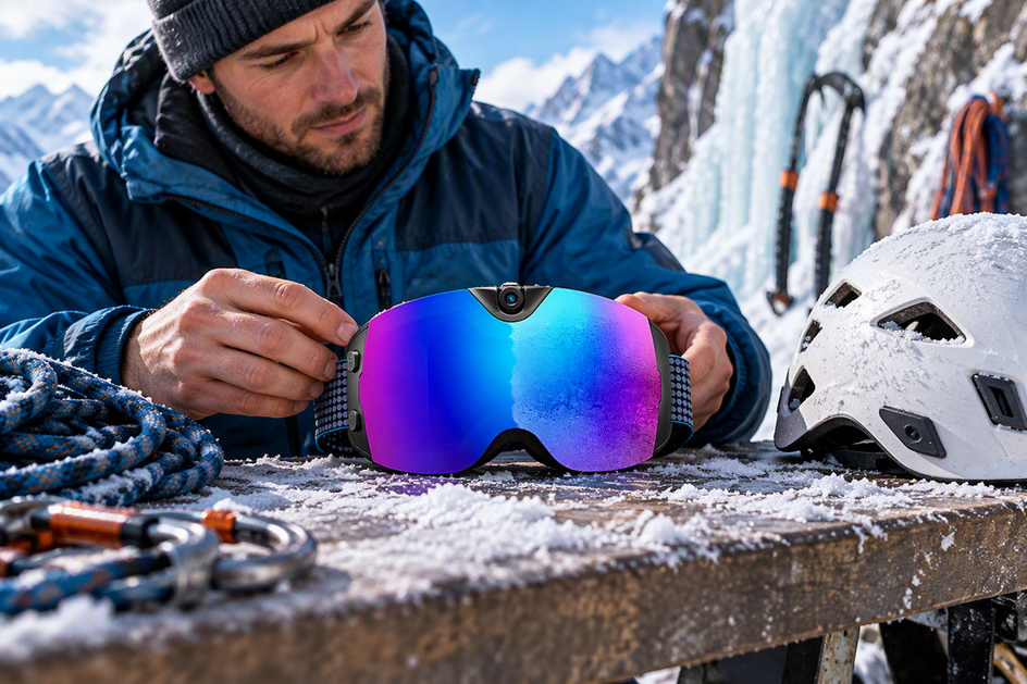 Skyshot camera snow goggles beside a climbing helmet during a pre-climb fit check on an alpine gear bench