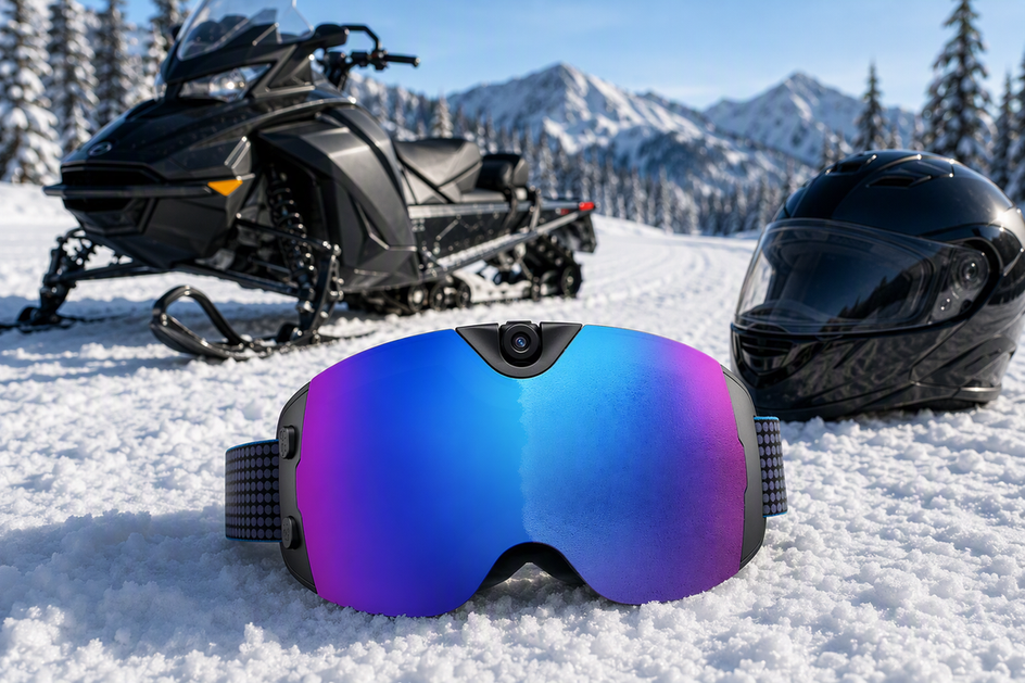 Camera snow goggles presented in a snowy winter-riding setting with a snowmobile and helmet nearby.