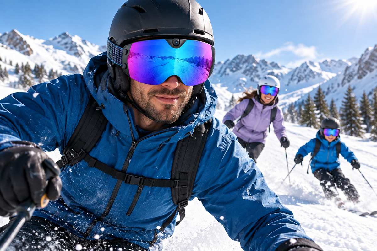 Camera ski goggles worn by an adult skier on a bright snowy mountain slope with a family skiing nearby