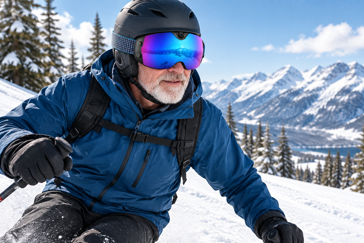 Camera ski goggles worn by an older skier on a snowy resort slope under bright winter light