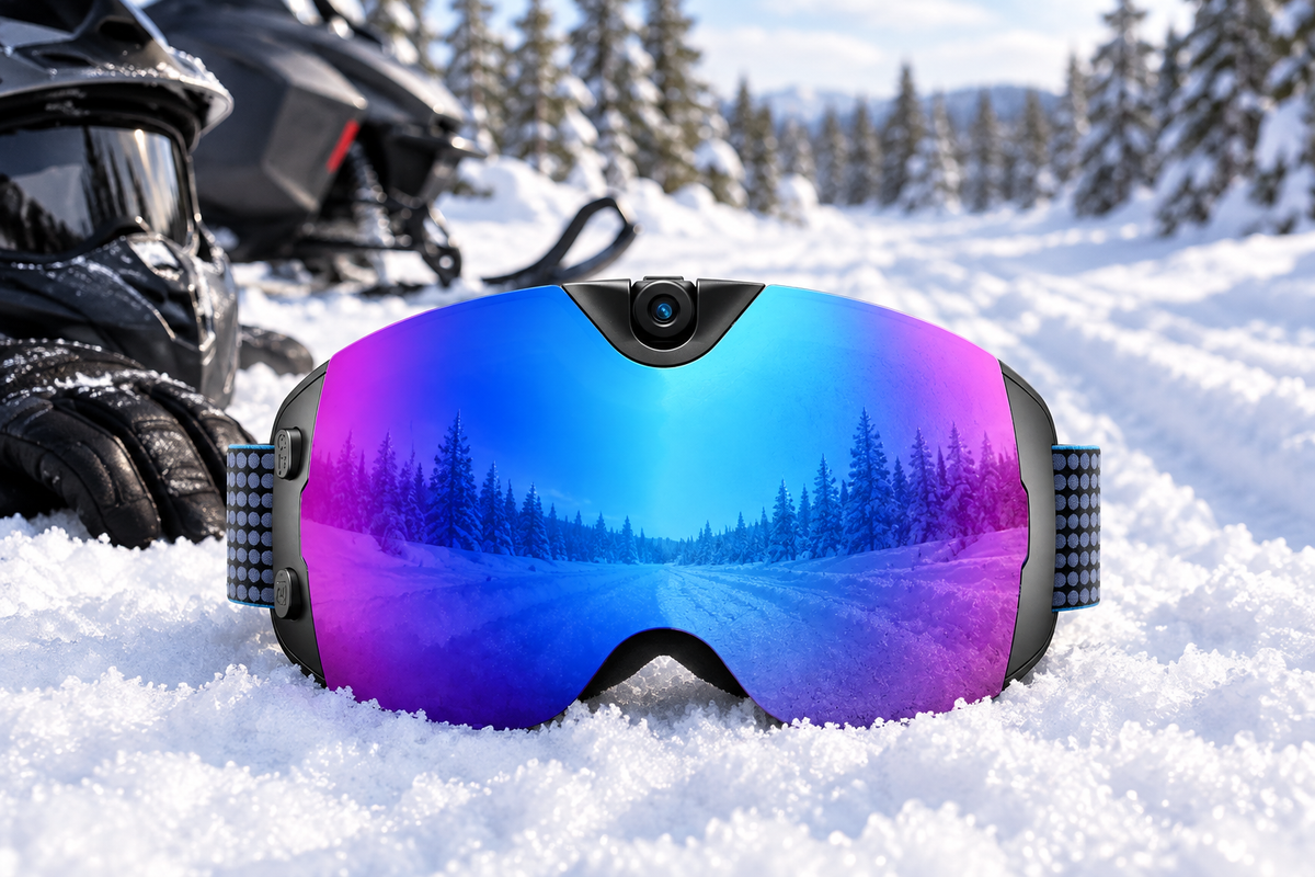 Camera ski goggles positioned on a snowy snowmobile trail with winter riding gear in the background