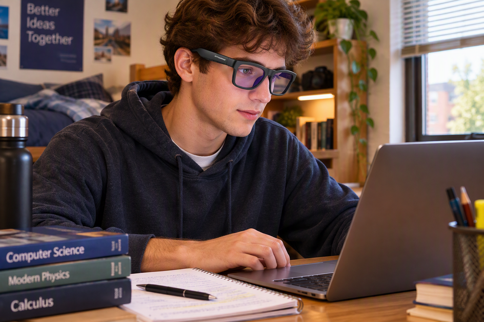 Student studying at a dorm desk while wearing smart glasses beside a laptop and notes.