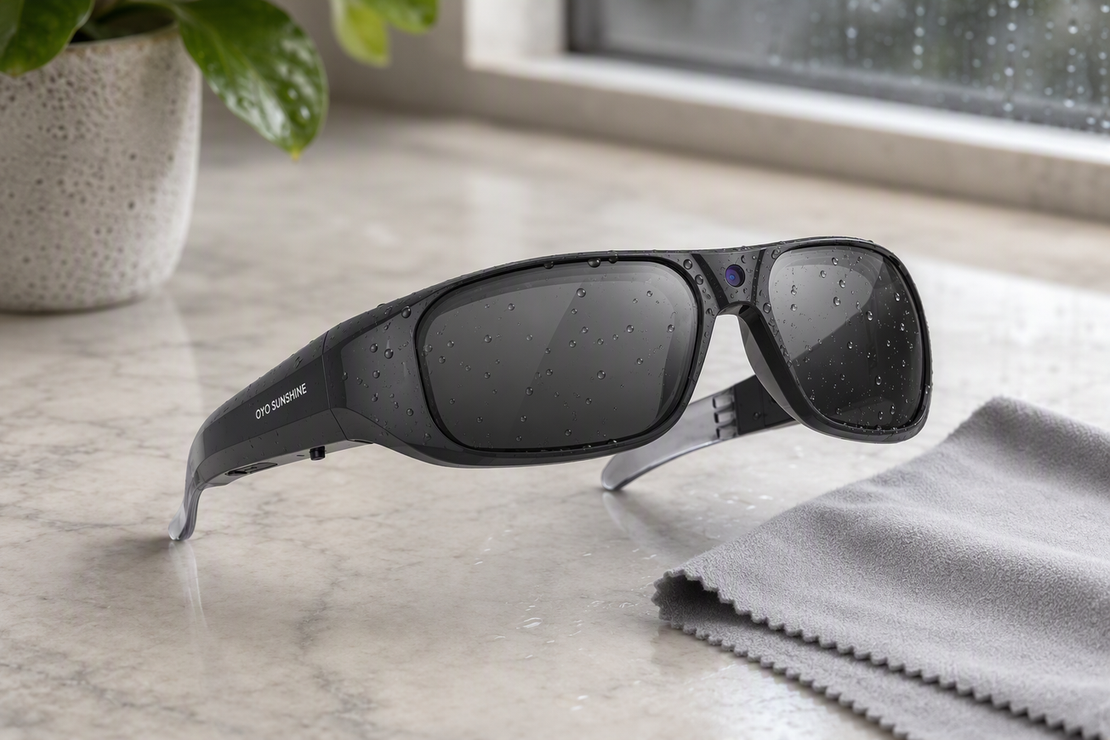 Camera glasses beside a soft cleaning cloth with a few visible rain droplets on the lenses