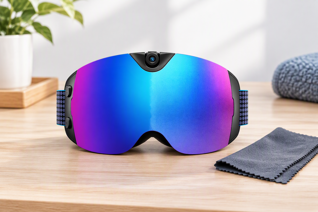 Ski goggles resting beside a soft cloth with the face foam visible for gentle cleaning.