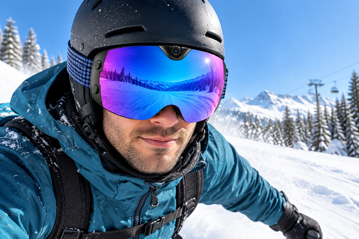 Camera-equipped ski goggles worn by a skier on a snowy resort slope