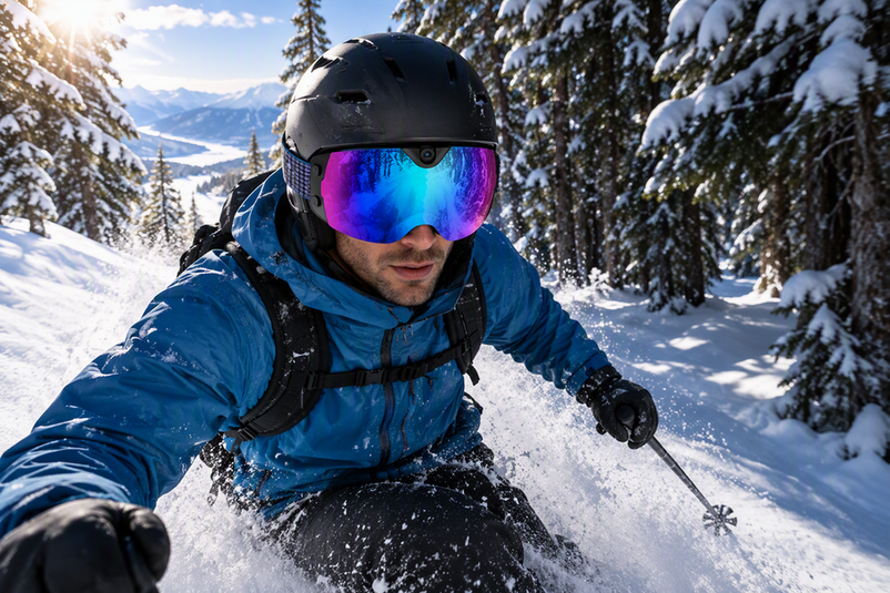 Camera ski goggles on a skier moving through a sunlit, snowy tree glade with shaded trees ahead