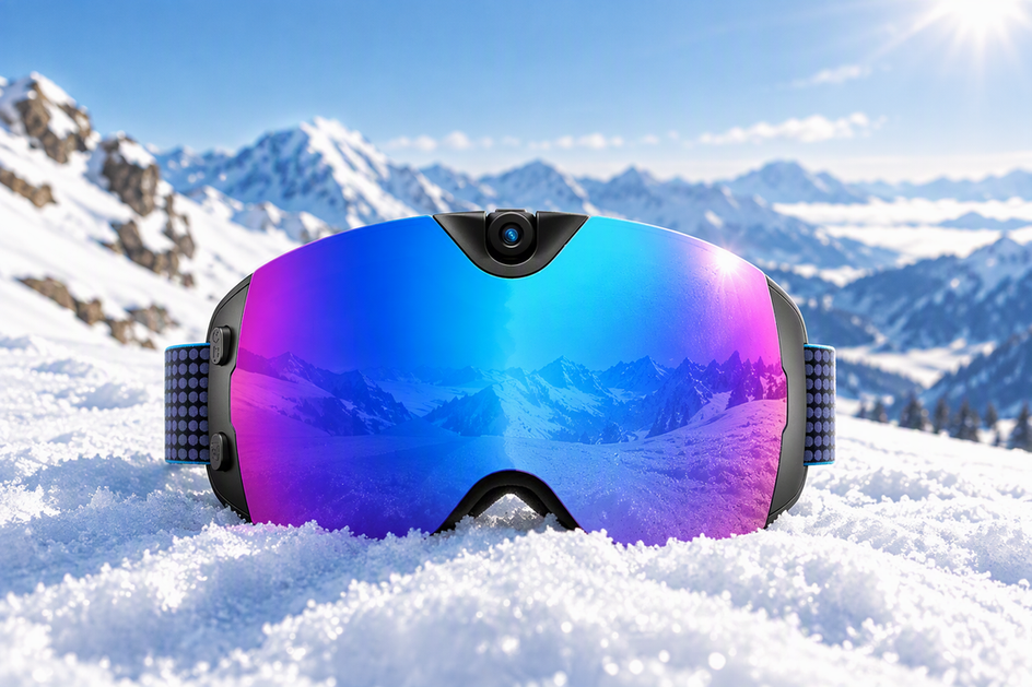 Camera-equipped ski goggles resting on bright alpine snow with a high mountain slope behind them