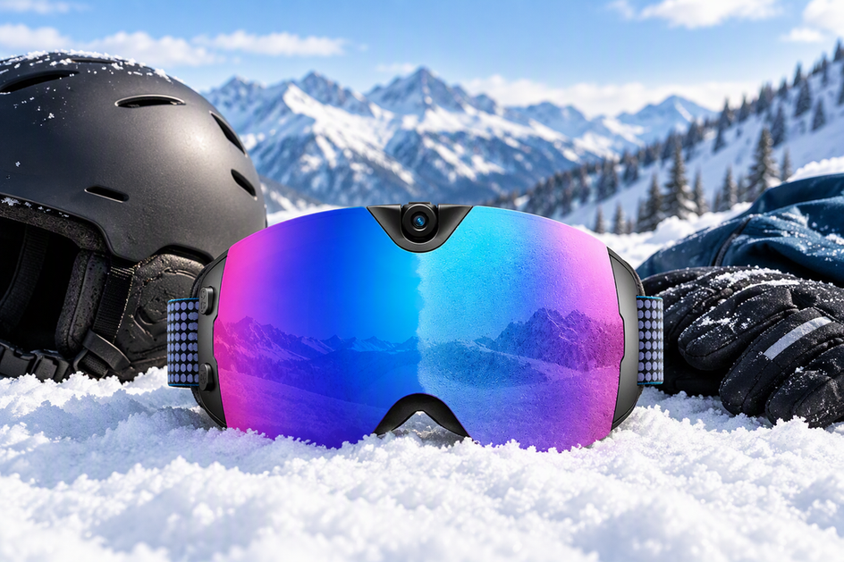 Camera-equipped ski goggles resting beside a helmet on a snowy mountain setting