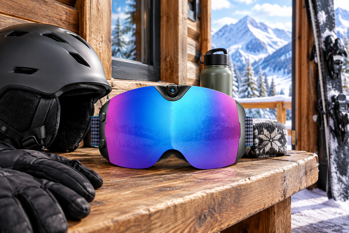 Camera-equipped ski goggles arranged on a cabin entry bench beside a helmet and snow gear, with a mountain view outside.
