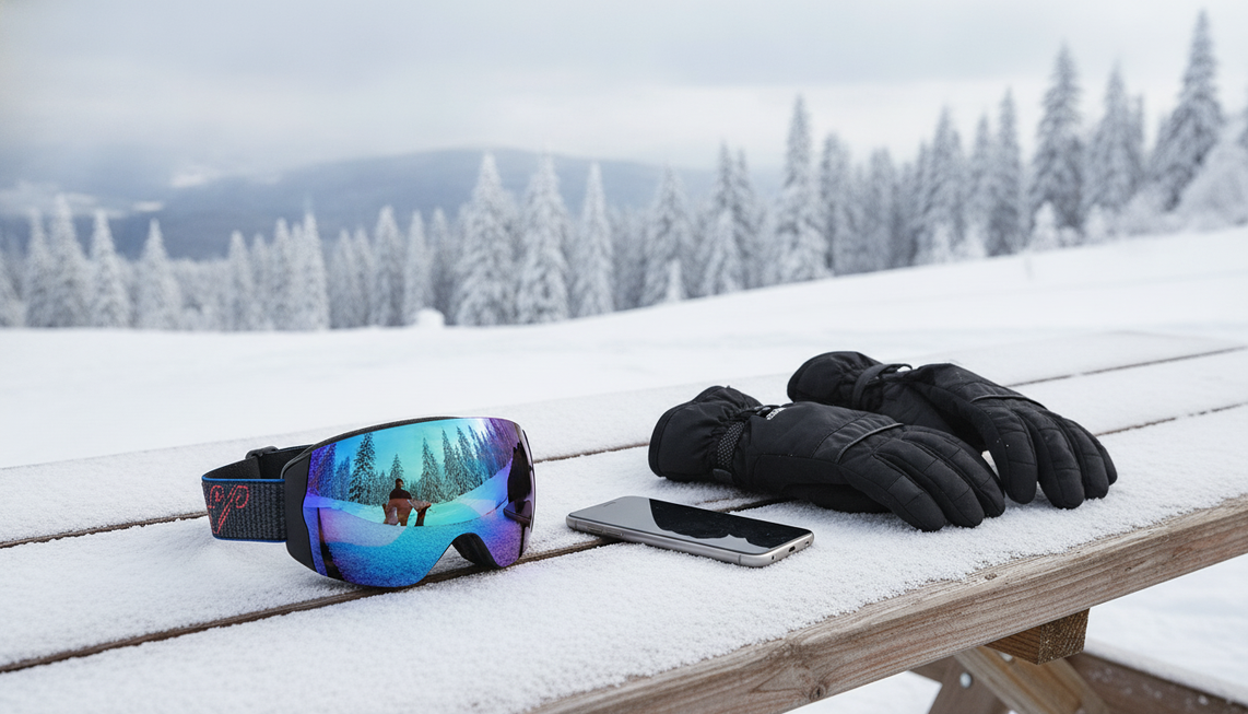 Camera ski goggles resting on snow beside a smartphone and ski gloves, representing a privacy check before sharing footage.