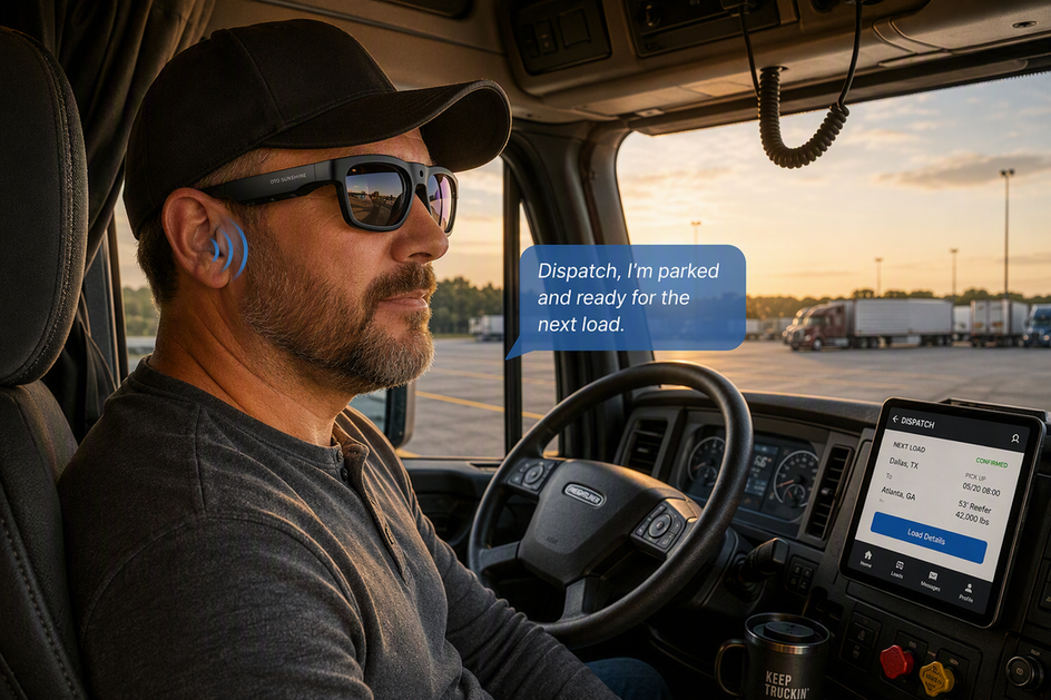 Smart audio glasses worn by a truck driver seated in a parked cab during a dispatch setup check