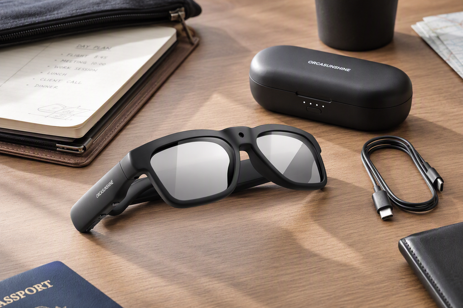 Smart glasses resting beside a compact charging case and cable on a travel desk.