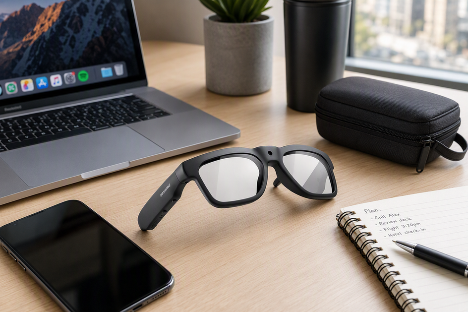 Smart glasses arranged beside a laptop, travel pouch, phone, and notebook on a work desk.