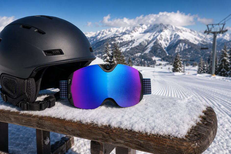 Ski goggles resting on a snowy resort bench beside a helmet with a mountain run in the background.