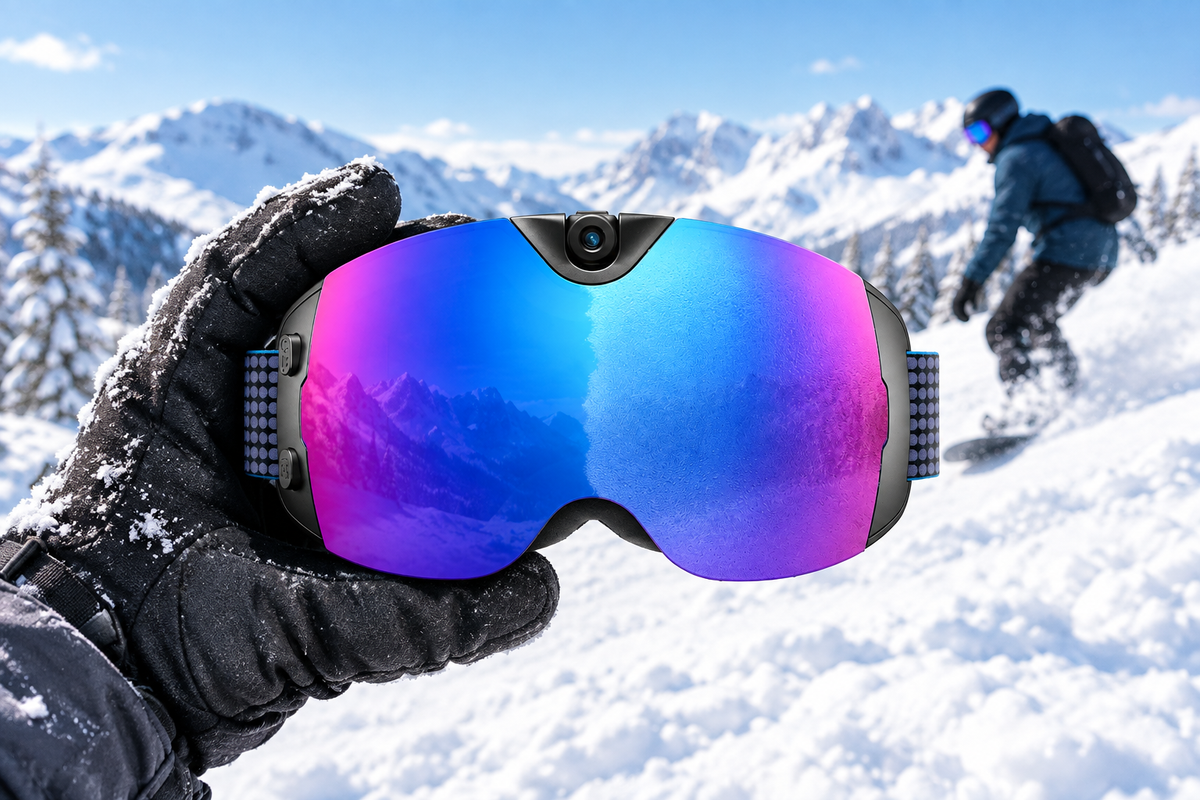 Camera-equipped snowboard goggles held in a gloved hand against a snowy mountain slope, with a snowboarder in the background.